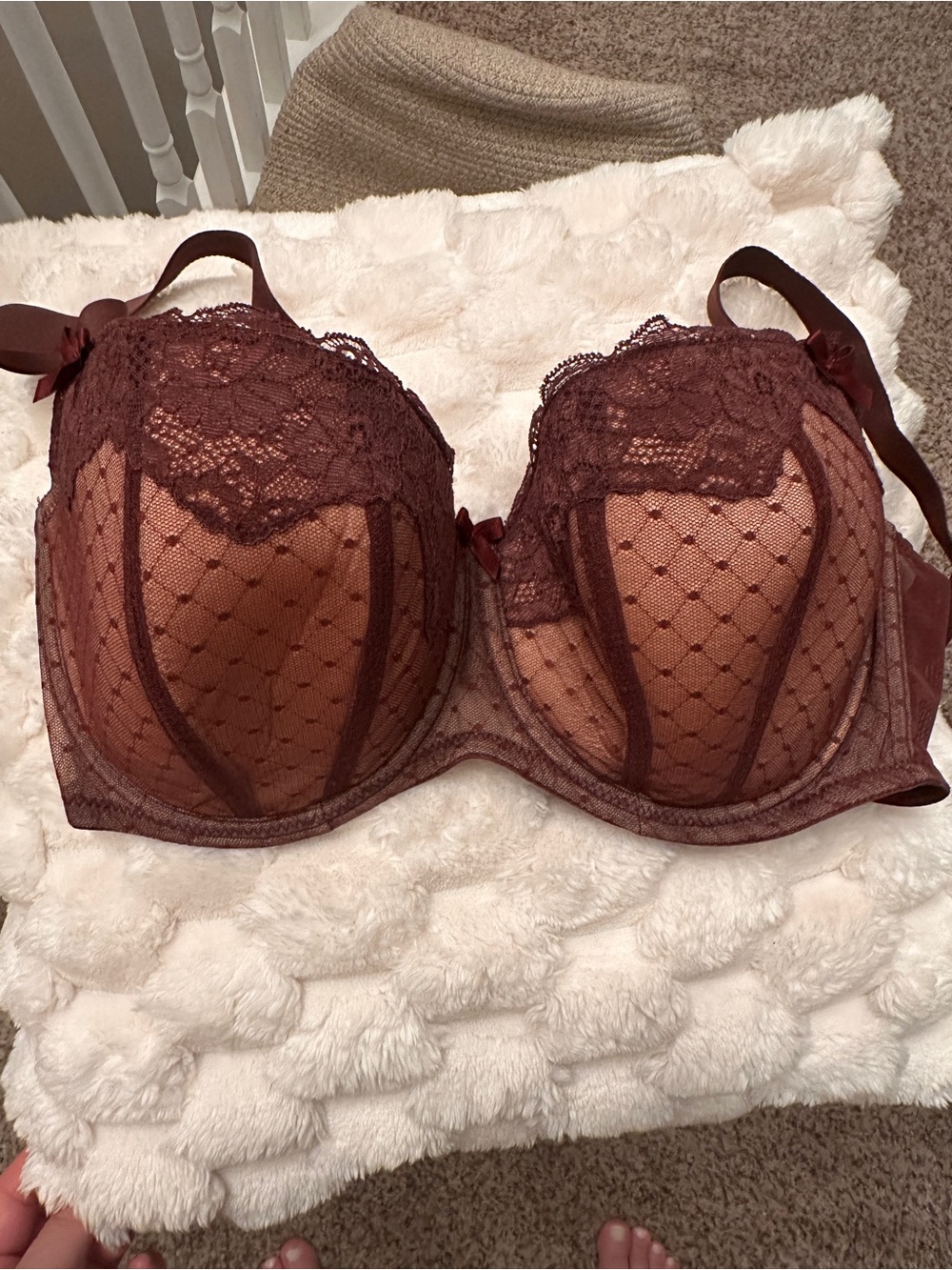 36 DDD Lace Overlay balconette  Bra in Deep Burgundy